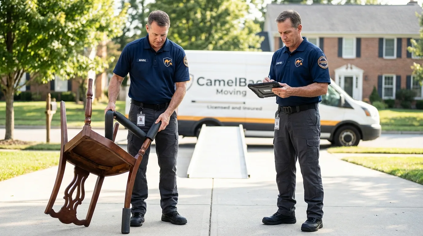 Movers inspecting furniture for damage prevention before loading in Boswell, PA