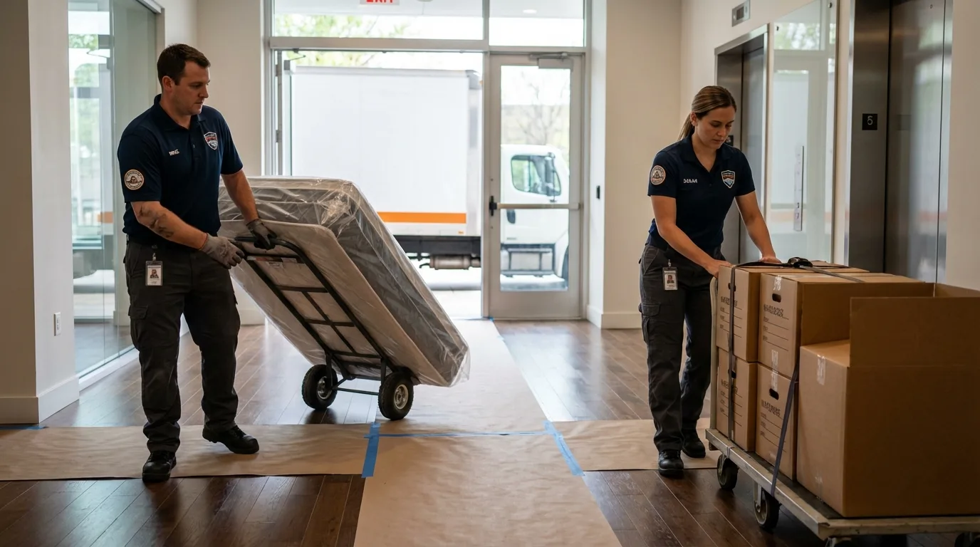 Professional apartment movers loading elevator in Boswell, PA